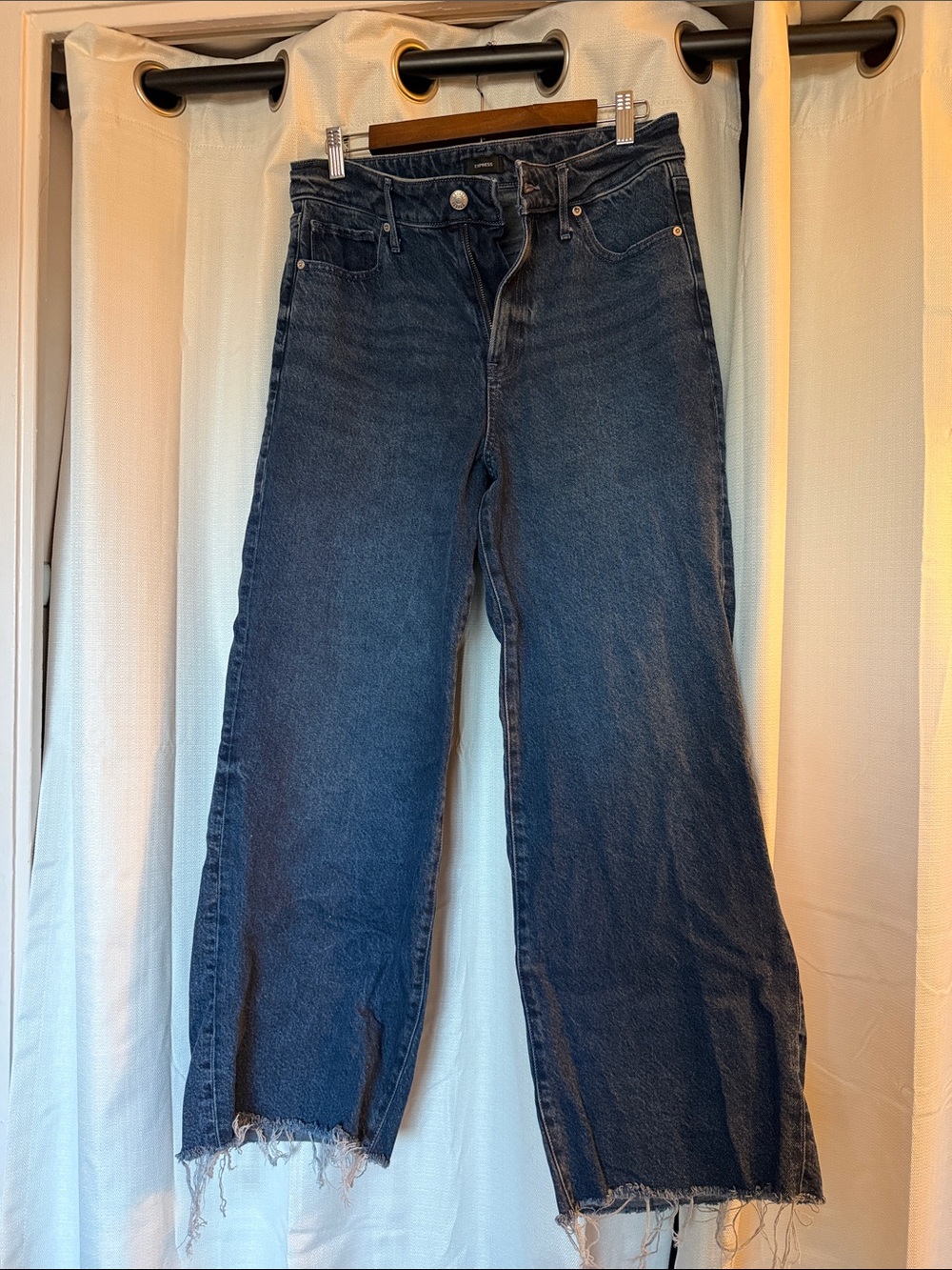 Express Dark Blue Wide-Leg Raw Hem Jeans